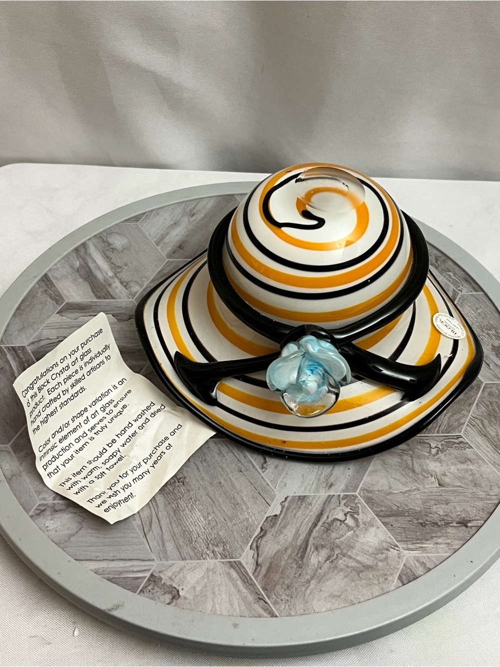 Block Crystal Amanda Art Glass Hat Bowl Hand Blown Striped Blue Flower With Box
